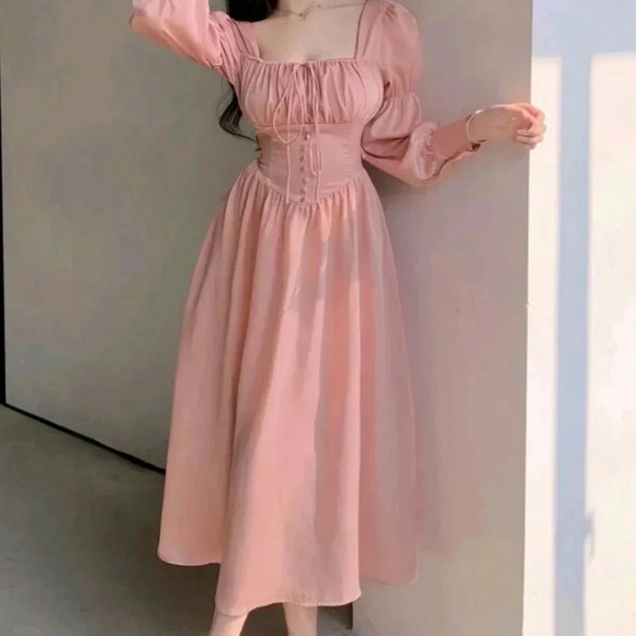 Empire Waist Buttoned Decor Lantern Sleeve Dress - Picture 3 of 6